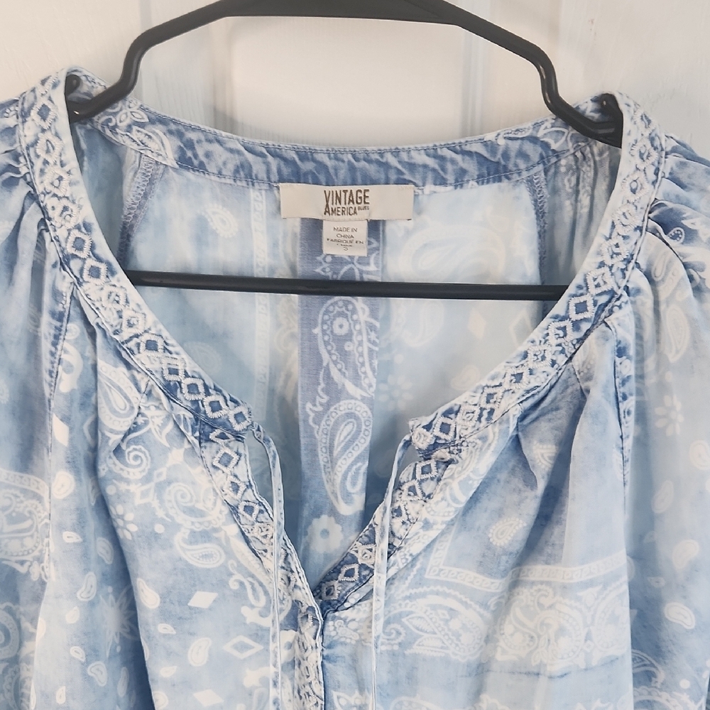 Vintage America Blues Chambray Peasant Boho Blouse - Picture 2 of 3